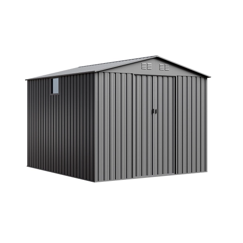 Domek narzędziowy metalowy NORDVIC Magni 283x313 cm + przesuwne Drzwi 182 cm, Ocynkowany, Dwuspadowy Dach, Wentylacja, Light Grey